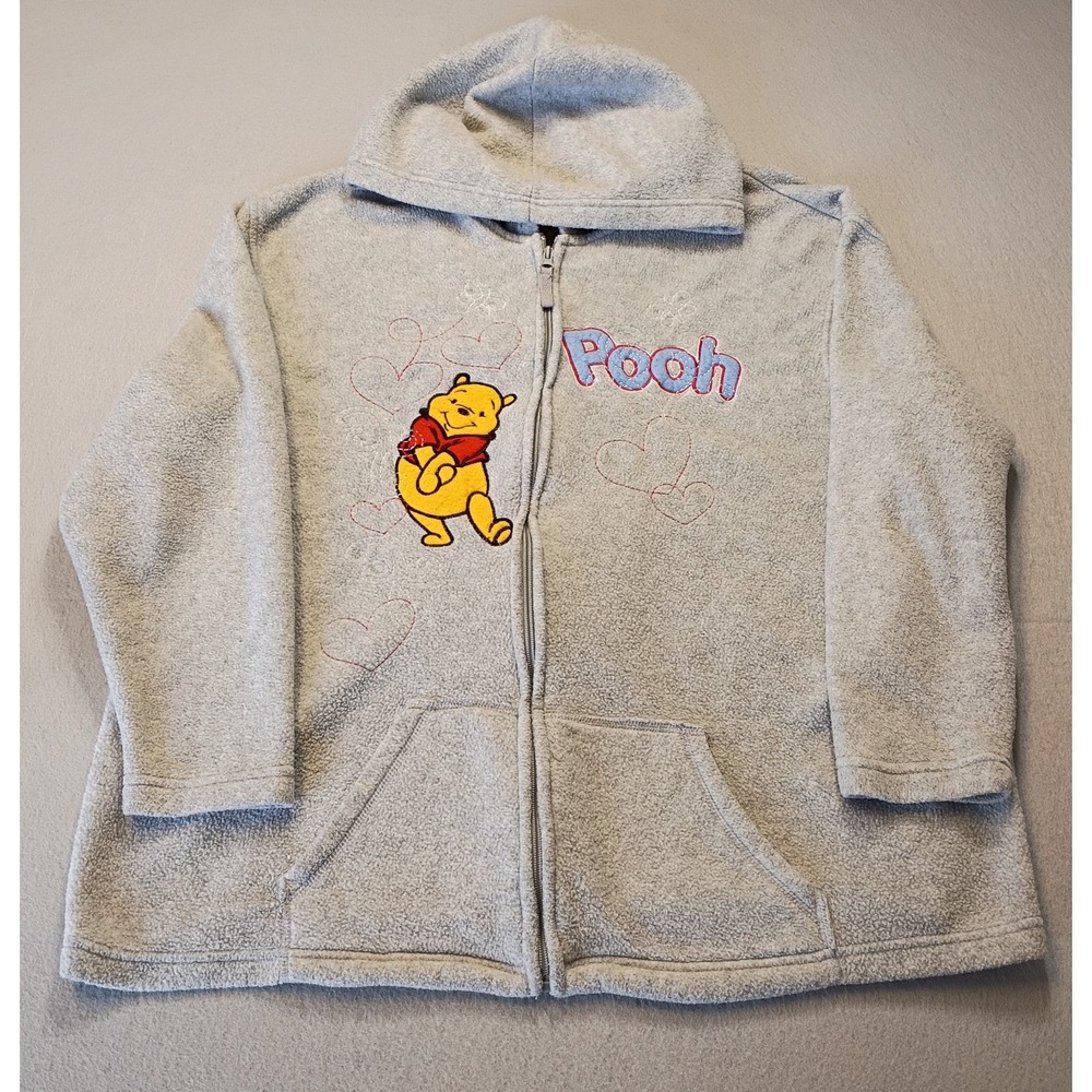 Vintage Winnie The Pooh Hoodie Gray Jacket Full Zip Fleece‎ Embroidered 2X Flaws